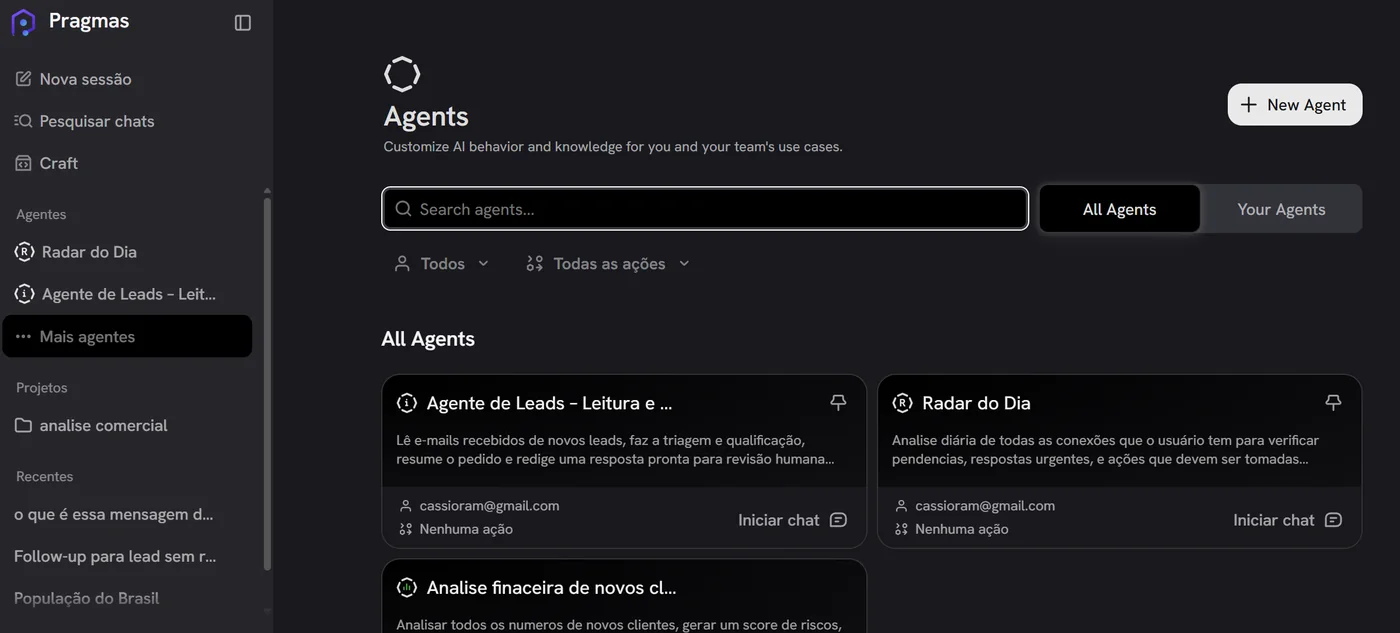 Tela Agents da plataforma PRAGMAS: busca, filtros e os cartões dos agentes disponíveis para a equipe.