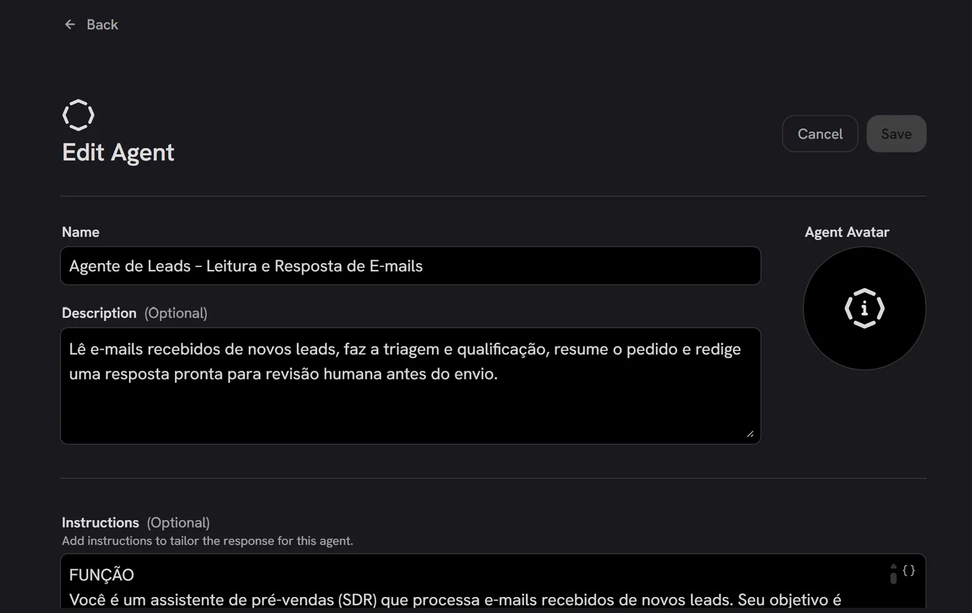 Tela Edit Agent: campos de nome, descrição, avatar e o bloco de instruções do agente.