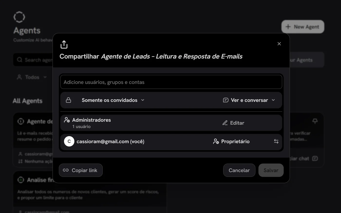 Tela Compartilhar: escolha entre somente convidados ou acesso amplo, com papéis de proprietário, administrador e permissão de ver e conversar.